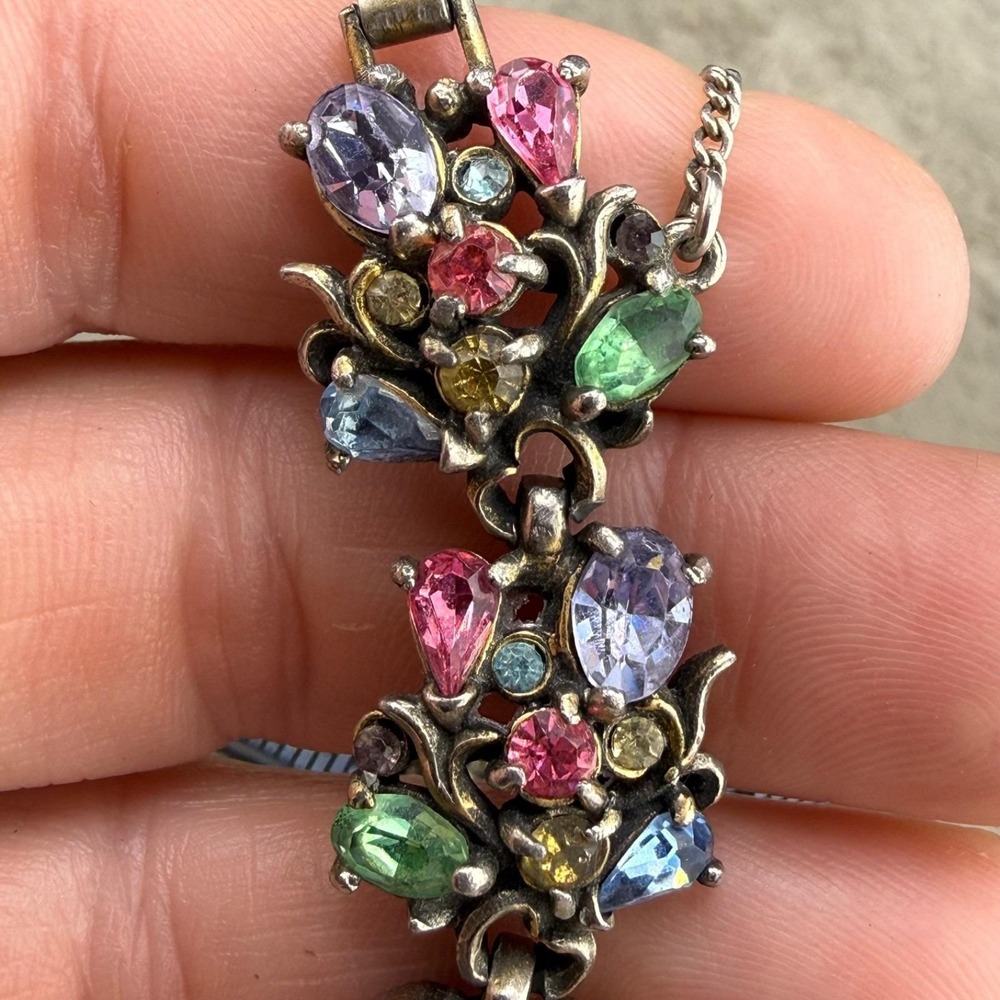 Vintage Hollycraft Bracelet Multi Color Pastel Rhinestone Floral 1950 7in - Picture 8 of 16